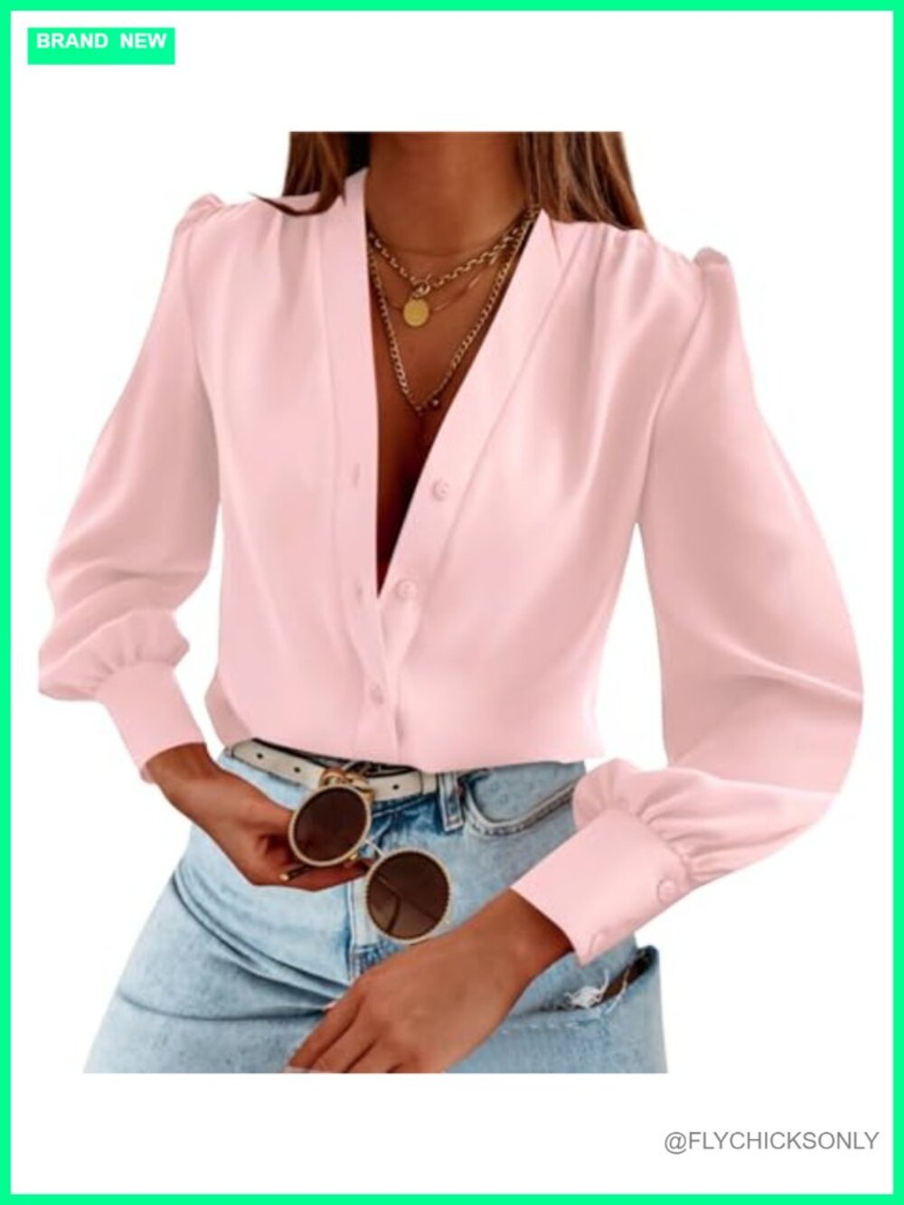 Satin Silk Long Sleeve Button Down V Neck Blouse Work Top